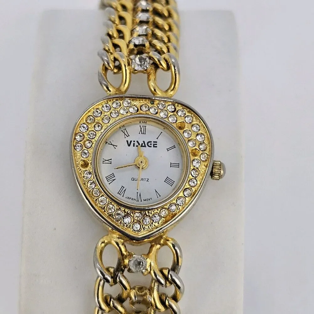 Visage Women's Watch Hearts 21MM White Dial Gold Bracelet Band 6.5